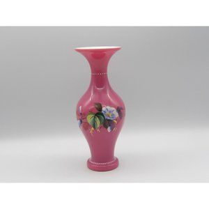 Vintage Hand Blown Cased Glass Vase Pink Hand Painted Enamel Flowers 8 3/4" H